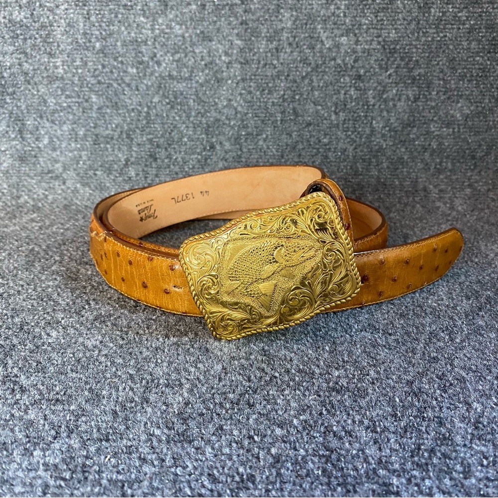 Tony Lama Tan Belt with Gold Buckle Genuine Fish